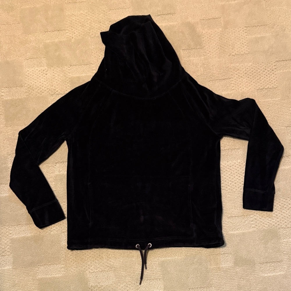 Athleta Women's Black velour Hooded Sweatershirt, kangaroo pocket and size xs